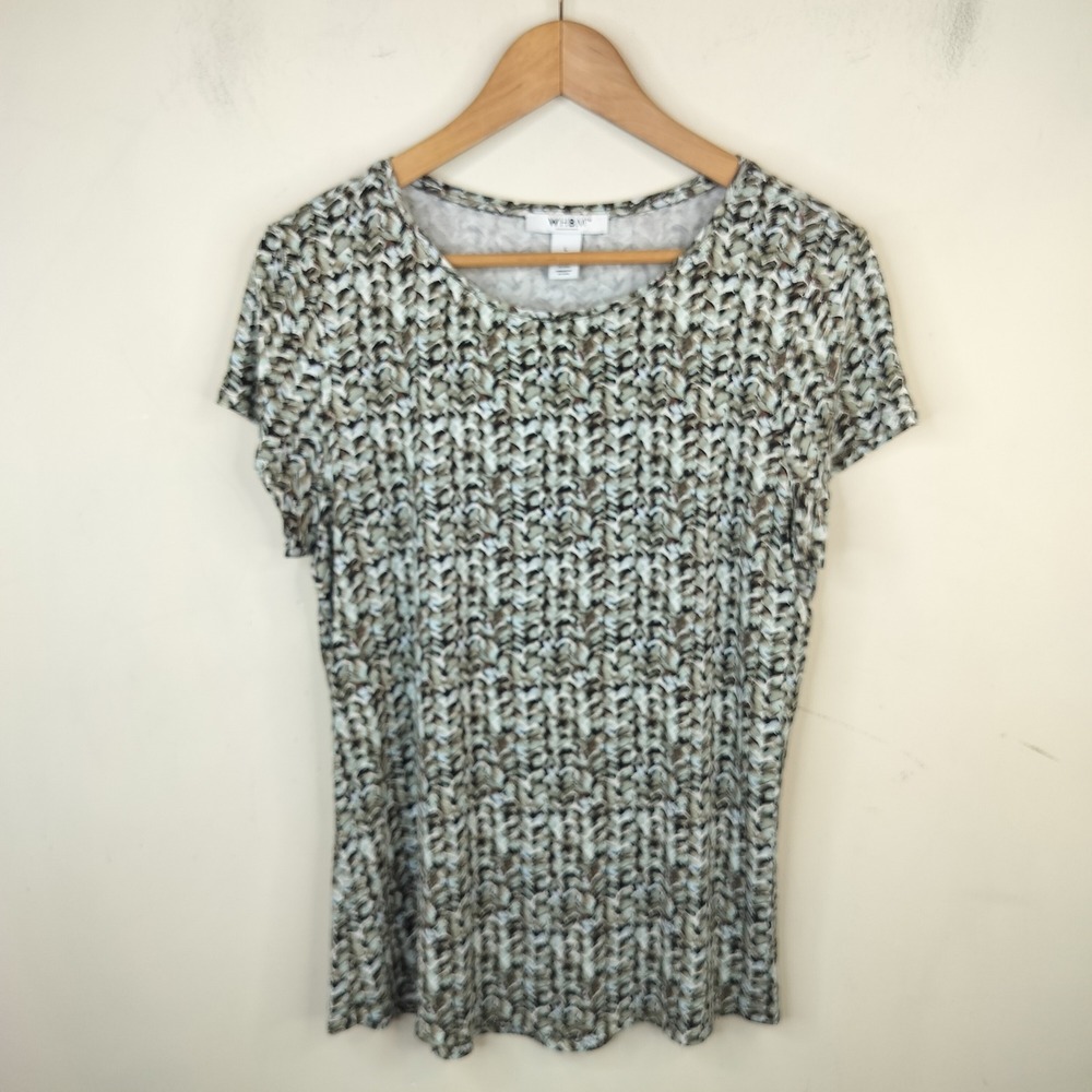 White House Black Market Top Large Short Sleeve Abstract Chevron Green Brown